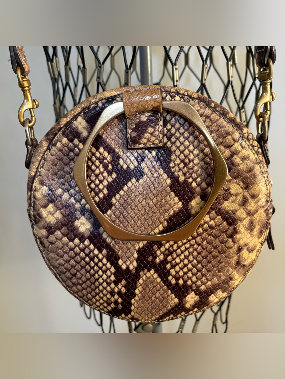 Thacker leather Round Snake-Print Crossbody Bag with Gold Ring Handle